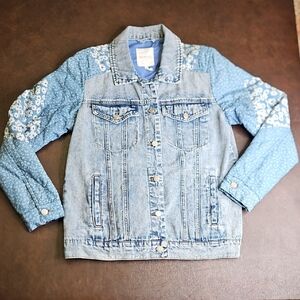 Avec Les Filles Blue Denim Jacket With Floral Patchwork Sleeves Size Medium